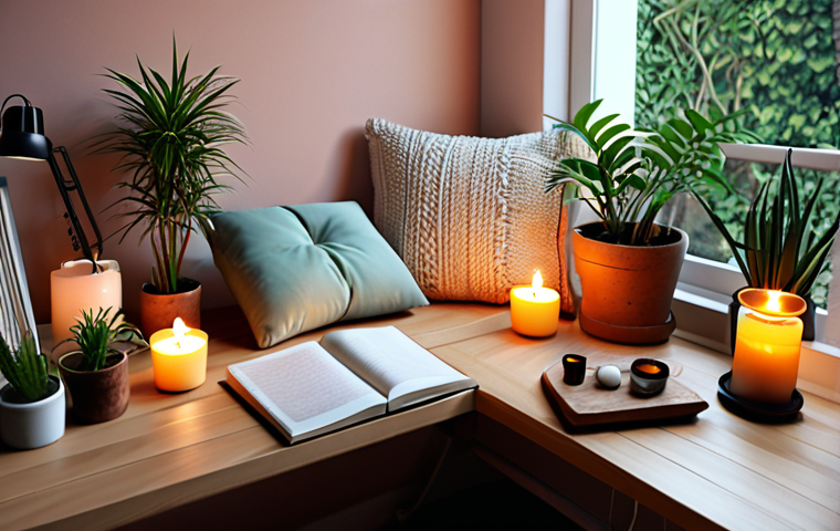 **Image Prompt:** *Cozy workspace corner with soft cushions, small plants, and aromatherapy candles, representing a peaceful retreat within a home office, emphasizing relaxation and well-being.*