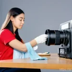 영상제작 전문가의 장비 관리 방법 - **Prompt:** A focused male content creator in his late 20s, wearing a smart, casual collared shirt a...