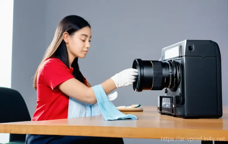 영상제작 전문가의 장비 관리 방법 - **Prompt:** A focused male content creator in his late 20s, wearing a smart, casual collared shirt a...